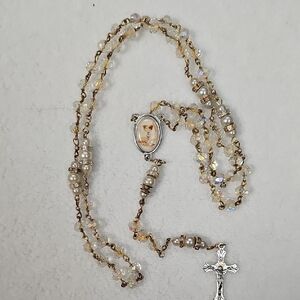 Classic Gold-Tone Pearl and Crystal Rosary Necklace